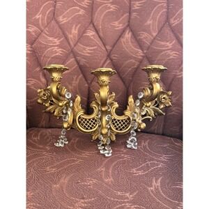 Vintage Syroco Gold Wall Sconce Candelabra 3 Arm Crystal Prisms Homco